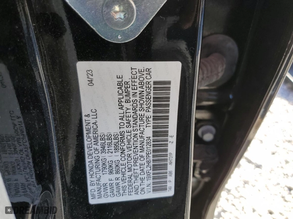 2023 Honda Civic Hatchback Sport with VIN 19XFL2H87PE012834, listed as a Copart auction lot 47489065 with 0 mi miles and Salvage Title. Bid and sale history available at carsss.com. Image 12.