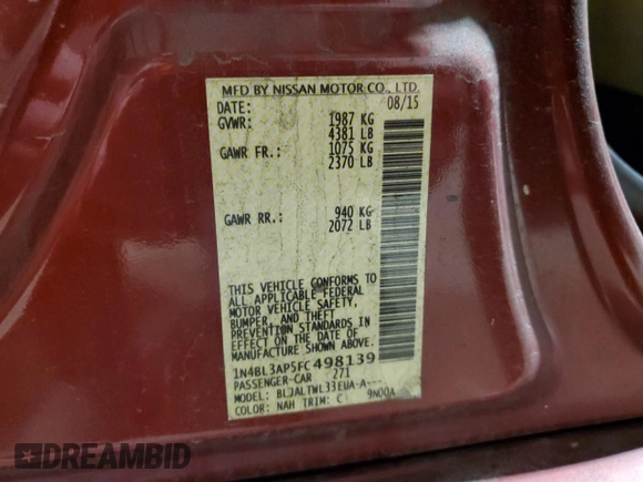 2015 Nissan Altima S z VIN 1N4BL3AP5FC498139, wystawiony jako Copart lot #44112325 z przebiegiem 175 090 mil mil oraz Szkoda całkowita • Salvage title. Historia ofert i sprzedaży dostępna na DreamBid. Obrazek 14.