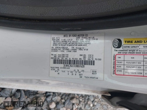 2012 Lincoln MKZ with VIN 3LNHL2GC1CR807620, listed as a IAAI auction lot 42101980 with Not provided miles and . Bid and sale history available at DreamBid. Image 9.