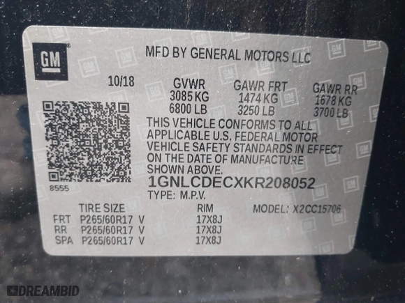 2019 Chevrolet Tahoe Commercial with VIN 1GNLCDECXKR208052, listed as a IAAI auction lot 42014348 with 96,455 mi miles. Bid and sale history available at carsss.com. Image 9.