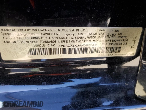 2009 Volkswagen Jetta Sedan SE with VIN 3VWRZ71K39M092542, listed as a Copart auction lot 53070675 with 101,209 mi miles and Salvage Title. Bid and sale history available at carsss.com. Image 12.