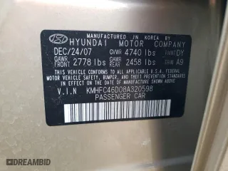 2008 Hyundai Azera GLS with VIN KMHFC46D08A320598, listed as a Copart auction lot 68773244 with 35,997 mi miles and Salvage Title. Bid and sale history available at carsss.com. Image 12.