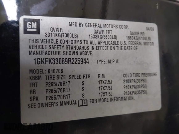 2009 GMC Yukon SLT 4SB with VIN 1GKFK33089R225944, listed as a IAAI auction lot 41914342 with 182,513 mi miles and . Bid and sale history available at DreamBid. Image 9.