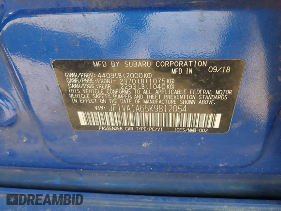 2019 Subaru WRX with VIN JF1VA1A65K9812054, listed as a IAAI auction lot 41525671 with 123,216 mi miles and . Bid and sale history available at DreamBid. Image 9.