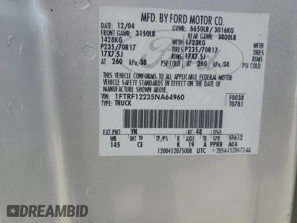 2005 Ford F-150 XL with VIN 1FTRF12235NA64960, listed as a Copart auction lot 60068805 with 251,918 mi miles and Clean title. Bid and sale history available at DreamBid. Image 12.