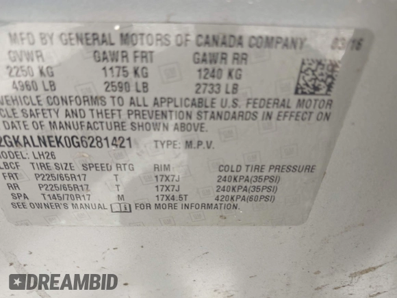 2016 GMC Terrain SLE with VIN 2GKALNEK0G6281421, listed as a IAAI auction lot 42715423 with 115,388 mi miles and . Bid and sale history available at DreamBid. Image 9.