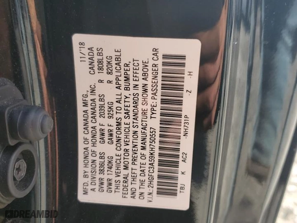 2019 Honda Civic Si Coupe with VIN 2HGFC3A59KH750557, listed as a Copart auction lot 81241774 with 101,054 mi miles and Salvage Title. Bid and sale history available at carsss.com. Image 15.