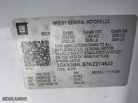 2019 GMC Acadia SLT with VIN 1GKKNMLS7KZ274622, listed as a IAAI auction lot 41892582 with 72,345 mi miles. Bid and sale history available at carsss.com. Image 9.