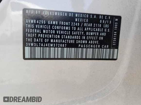 2014 Volkswagen Jetta TDI w/Premium with VIN 3VW3L7AJ4EM372687, listed as a Copart auction lot 55284225 with 95,645 mi miles and Salvage title. Bid and sale history available at DreamBid. Image 12.
