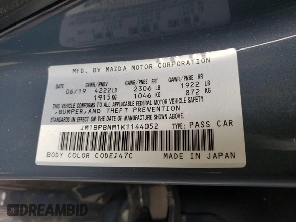 2019 Mazda Mazda3 Hatchback w/Premium Pkg with VIN JM1BPBNM1K1144052, listed as a Copart auction lot 45486943 with 55,106 mi miles. Bid and sale history available at carsss.com. Image 13.