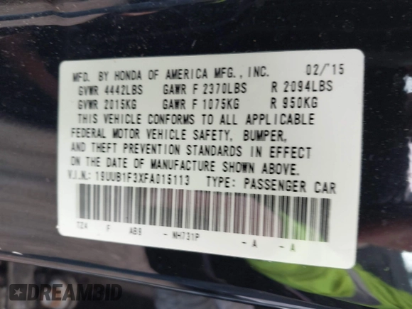 2015 Acura TLX with VIN 19UUB1F3XFA015113, listed as a IAAI auction lot 41879514 with 96,144 mi miles and . Bid and sale history available at DreamBid. Image 9.