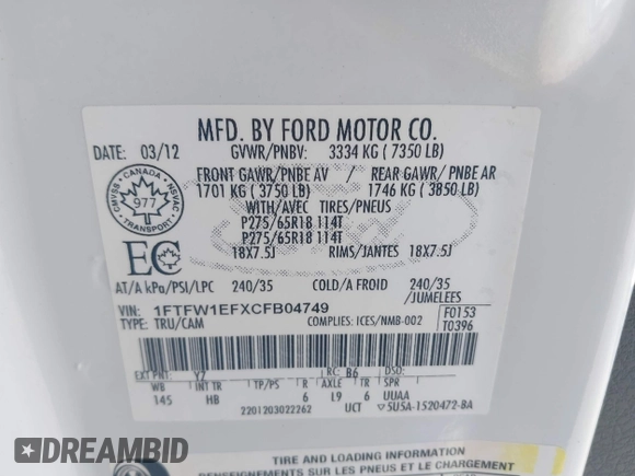 2012 Ford F-150 XL с VIN 1FTFW1EFXCFB04749, выставлен на аукционе IAAI как лот 42407379 с пробегом 255 718 миль миль и . История ставок и продаж доступна на DreamBid. Изображение 9.