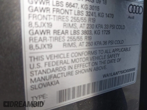 2019 Audi Q7 Premium Plus z VIN WA1LAAF75KD009898, wystawiony jako IAAI lot #41440668 z przebiegiem 56 525 mil mil oraz . Historia ofert i sprzedaży dostępna na DreamBid. Obrazek 9.