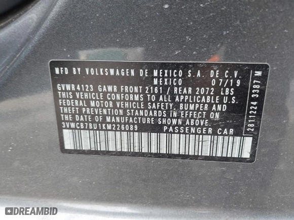2019 Volkswagen Jetta S with VIN 3VWCB7BU1KM226089, listed as a IAAI auction lot 41637907 with 56,762 mi miles. Bid and sale history available at carsss.com. Image 9.
