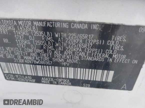 2011 Toyota RAV4 Ltd with VIN 2T3DF4DV7BW086967, listed as a IAAI auction lot 41795638 with 215,760 mi miles. Bid and sale history available at carsss.com. Image 9.