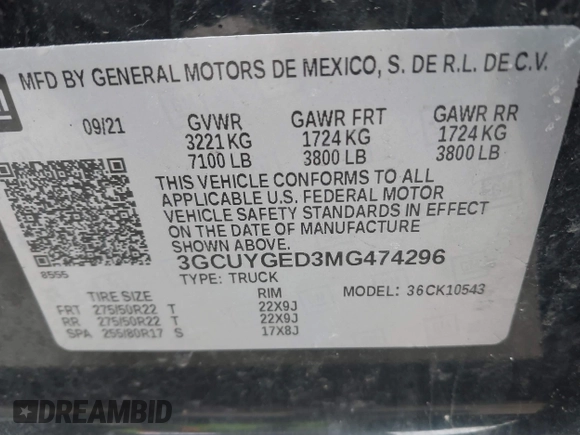 2021 Chevrolet Silverado 1500 LTZ with VIN 3GCUYGED3MG474296, listed as a IAAI auction lot 41725354 with 59,423 mi miles and . Bid and sale history available at DreamBid. Image 9.