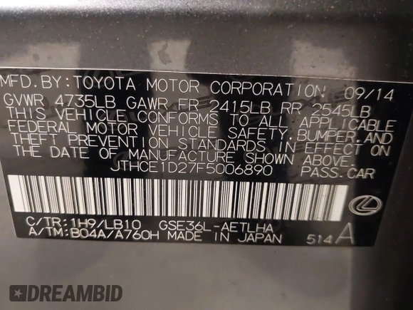 2015 Lexus IS 350 z VIN JTHCE1D27F5006890, wystawiony jako IAAI lot #42449096 z przebiegiem 96 525 mil mil oraz . Historia ofert i sprzedaży dostępna na DreamBid. Obrazek 9.