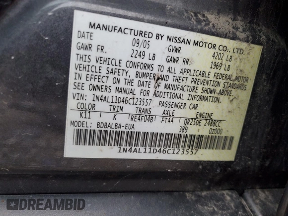 2006 Nissan Altima S with VIN 1N4AL11D46C123557, listed as a Copart auction lot 54604555 with 132,985 mi miles and Salvage title. Bid and sale history available at DreamBid. Image 13.