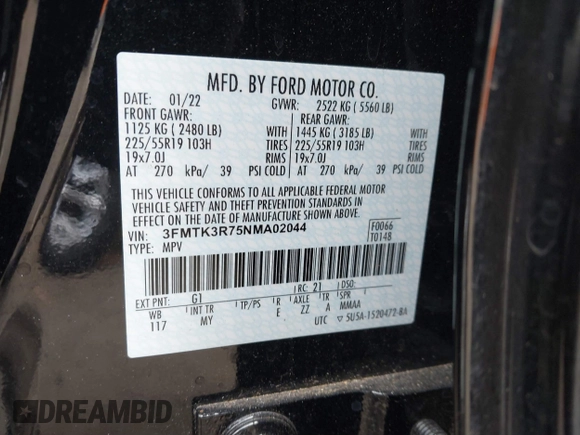 2022 Ford Mustang Mach-E Premium with VIN 3FMTK3R75NMA02044, listed as a IAAI auction lot 41716908 with 34,871 mi miles and . Bid and sale history available at DreamBid. Image 9.