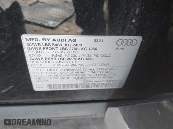 2021 Audi Q5 Premium Plus with VIN WA1BAAFY1M2082544, listed as a IAAI auction lot 41930447 with 65,535 mi miles and . Bid and sale history available at DreamBid. Image 9.