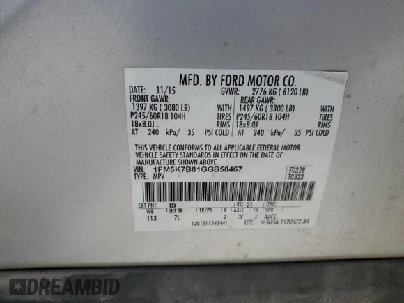 2016 Ford Explorer с VIN 1FM5K7B81GGB58467, выставлен на аукционе Copart как лот 54940735 с пробегом 165 882 миль миль и Списание • Salvage title. История ставок и продаж доступна на DreamBid. Изображение 14.