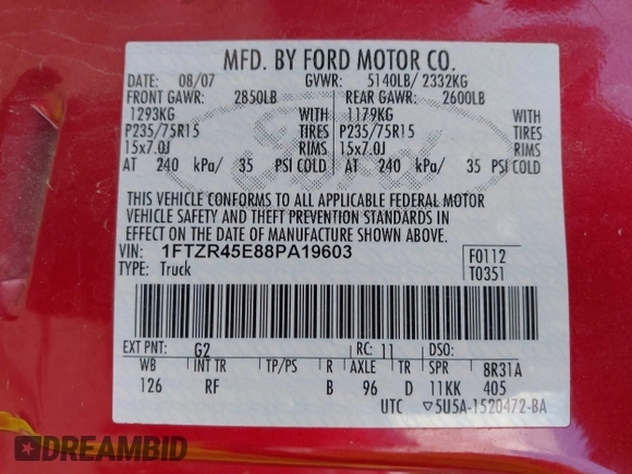 2008 Ford Ranger XLT with VIN 1FTZR45E88PA19603, listed as a IAAI auction lot 41947460 with 135,345 mi miles and . Bid and sale history available at DreamBid. Image 9.