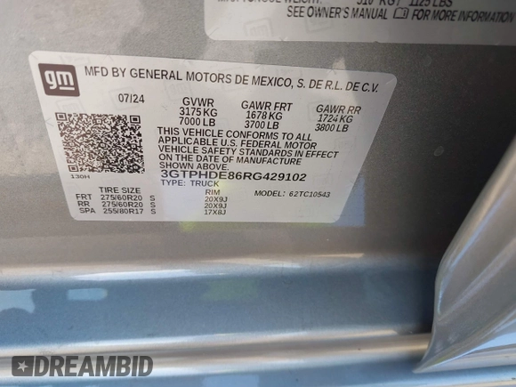 2024 GMC Sierra 1500 with VIN 3GTPHDE86RG429102, listed as a IAAI auction lot 41562527 with 6,272 mi miles and . Bid and sale history available at DreamBid. Image 9.