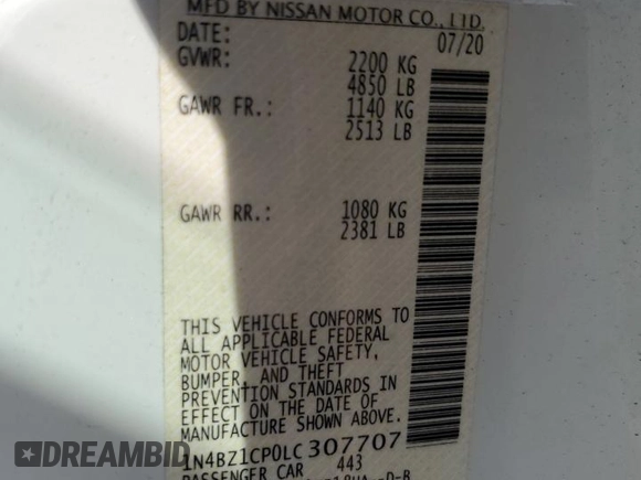 2020 Nissan LEAF SV Plus with VIN 1N4BZ1CP0LC307707, listed as a Copart auction lot 48912355 with 26,348 mi miles and Salvage Title. Bid and sale history available at DreamBid. Image 13.