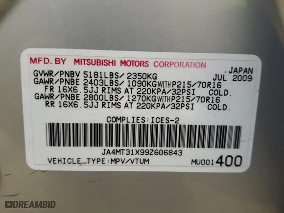2009 Mitsubishi Outlander XLS with VIN JA4MT31X99Z606843, listed as a Copart auction lot 42054525 with 202,293 mi miles and Salvage Title. Bid and sale history available at carsss.com. Image 14.