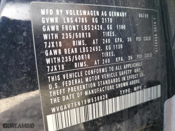2009 Volkswagen Tiguan S with VIN WVGAV75N19W538828, listed as a Copart auction lot 50981785 with 146,827 mi miles and Salvage Title. Bid and sale history available at carsss.com. Image 15.