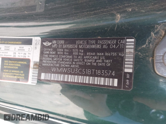 2011 MINI Hardtop with VIN WMWSU3C51BT183574, listed as a IAAI auction lot 41863134 with 137,140 mi miles and . Bid and sale history available at DreamBid. Image 9.