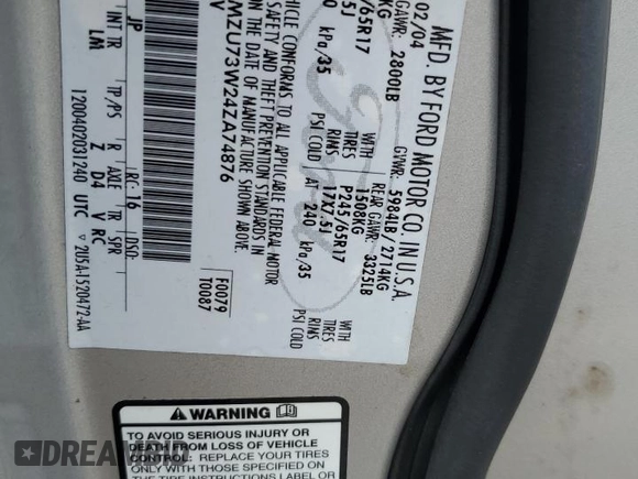 2004 Ford Explorer XLT with VIN 1FMZU73W24ZA74876, listed as a Copart auction lot 68370754 with 172,112 mi miles and Salvage title. Bid and sale history available at DreamBid. Image 14.