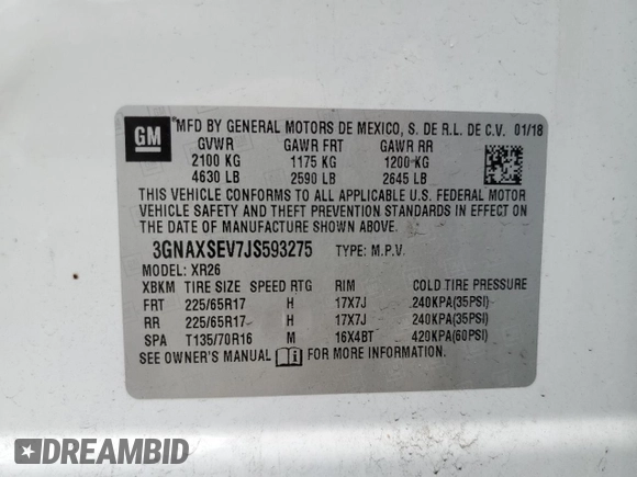 2018 Chevrolet Equinox LT z VIN 3GNAXSEV7JS593275, wystawiony jako Copart lot #57420565 z przebiegiem 83 977 mil mil oraz Szkoda całkowita • Salvage title. Historia ofert i sprzedaży dostępna na DreamBid. Obrazek 13.
