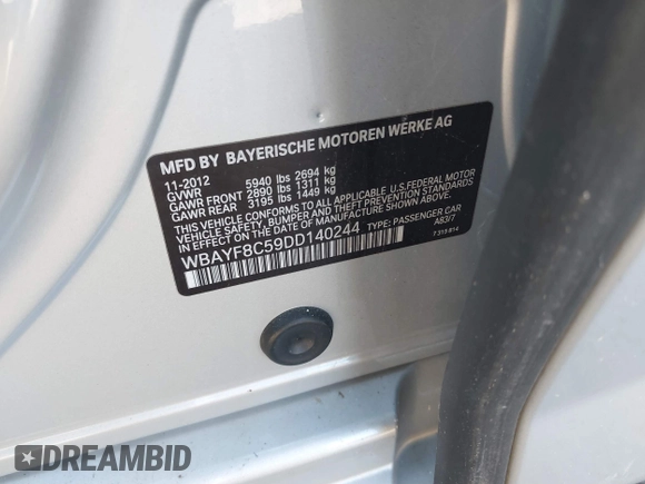 2013 BMW 7 Series 750Li xDrive with VIN WBAYF8C59DD140244, listed as a IAAI auction lot 41754655 with 97,470 mi miles. Bid and sale history available at carsss.com. Image 9.