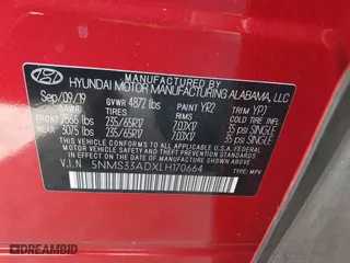 2020 Hyundai Santa Fe SEL with VIN 5NMS33ADXLH170664, listed as a IAAI auction lot 41945937 with 81,511 mi miles. Bid and sale history available at carsss.com. Image 9.