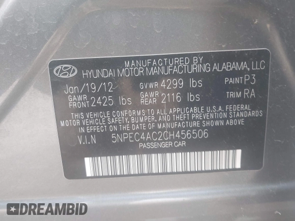 2012 Hyundai Sonata Limited z VIN 5NPEC4AC2CH456506, wystawiony jako IAAI lot #42213904 z przebiegiem 124 796 mil mil oraz . Historia ofert i sprzedaży dostępna na DreamBid. Obrazek 9.