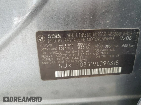 2009 BMW X5 35d z VIN 5UXFF03519LJ96315, wystawiony jako Copart lot #53144725 z przebiegiem Nie podano mil oraz Czysty tytuł • Clean title. Historia ofert i sprzedaży dostępna na DreamBid. Obrazek 13.