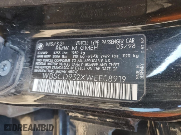 1998 BMW M3 z VIN WBSCD932XWEE08919, wystawiony jako Copart lot #84434704 z przebiegiem Nie podano mil oraz Szkody całkowita. Historia ofert i sprzedaży dostępna na DreamBid. Obrazek 12.