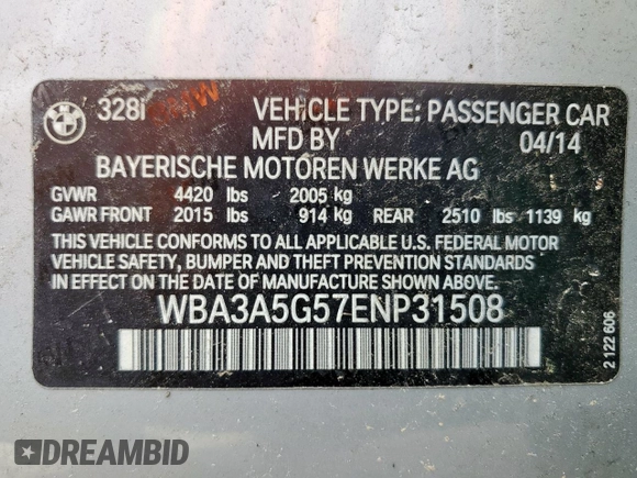 2014 BMW 3 Series 328i z VIN WBA3A5G57ENP31508, wystawiony jako Copart lot #56667405 z przebiegiem 90 611 mil mil oraz Szkoda całkowita • Salvage title. Historia ofert i sprzedaży dostępna na DreamBid. Obrazek 12.