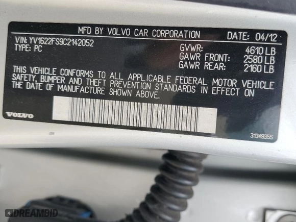 2012 Volvo S60 T5 with VIN YV1622FS9C2142052, listed as a Copart auction lot 53752045 with 150,873 mi miles and Clean Title. Bid and sale history available at carsss.com. Image 12.