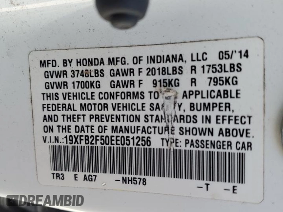 2014 Honda Civic Sedan LX with VIN 19XFB2F50EE051256, listed as a Copart auction lot 55284985 with 148,871 mi miles and Salvage Title. Bid and sale history available at carsss.com. Image 12.