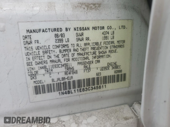 2003 Nissan Altima SE with VIN 1N4BL11E83C345611, listed as a Copart auction lot 56047145 with 145,617 mi miles and Clean title. Bid and sale history available at DreamBid. Image 12.