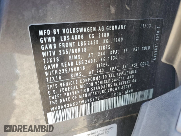 2014 Volkswagen Tiguan SEL with VIN WVGAV3AX0EW555873, listed as a Copart auction lot 55695955 with 69,984 mi miles and Salvage title. Bid and sale history available at DreamBid. Image 13.