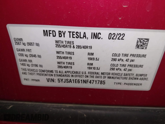 2022 Tesla Model S Plaid z VIN 5YJSA1E61NF471785, wystawiony jako IAAI lot #42208101 z przebiegiem Nie podano mil oraz . Historia ofert i sprzedaży dostępna na DreamBid. Obrazek 9.