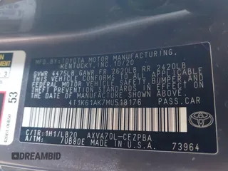 2021 Toyota Camry XSE z VIN 4T1K61AK7MU518176, wystawiony jako IAAI lot #42121890 z przebiegiem 70 634 mil mil oraz . Historia ofert i sprzedaży dostępna na DreamBid. Obrazek 9.