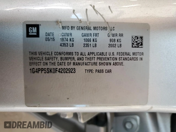 2015 Buick Verano with VIN 1G4PP5SK0F4202923, listed as a Copart auction lot 62384535 with 136,586 mi miles and Salvage title. Bid and sale history available at DreamBid. Image 12.