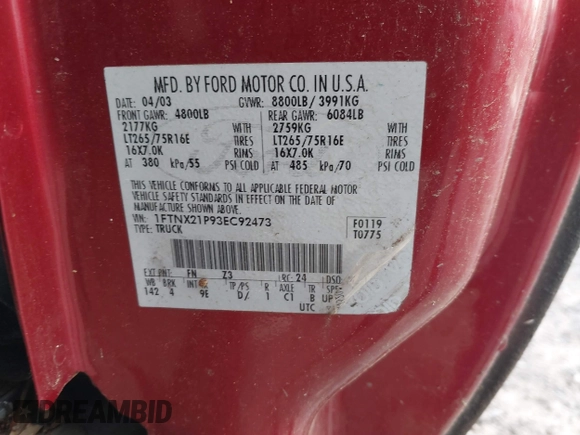 2003 Ford F-250 XL с VIN 1FTNX21P93EC92473, выставлен на аукционе IAAI как лот 41801195 с пробегом Не указан миль и . История ставок и продаж доступна на DreamBid. Изображение 9.