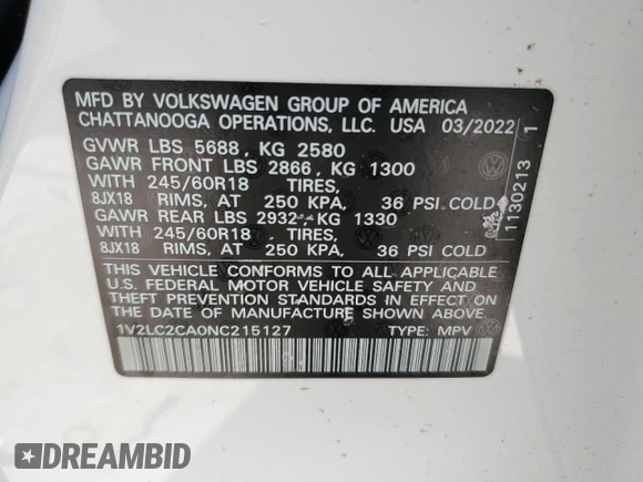 2022 Volkswagen Atlas SE с VIN 1V2LC2CA0NC215127, выставлен на аукционе Copart как лот 42610515 с пробегом 28 441 миль миль и Списание • Salvage title. История ставок и продаж доступна на DreamBid. Изображение 13.