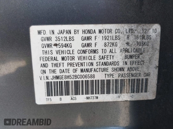 2011 Honda Fit Sport with VIN JHMGE8H52BC006588, listed as a IAAI auction lot 42205351 with 178,981 mi miles and . Bid and sale history available at DreamBid. Image 9.