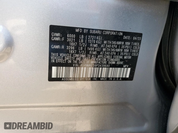 2023 Subaru Ascent Premium с VIN 4S4WMAED9P3439640, выставлен на аукционе Copart как лот 82861794 с пробегом 52 813 миль миль и Списание • Salvage title. История ставок и продаж доступна на DreamBid. Изображение 14.